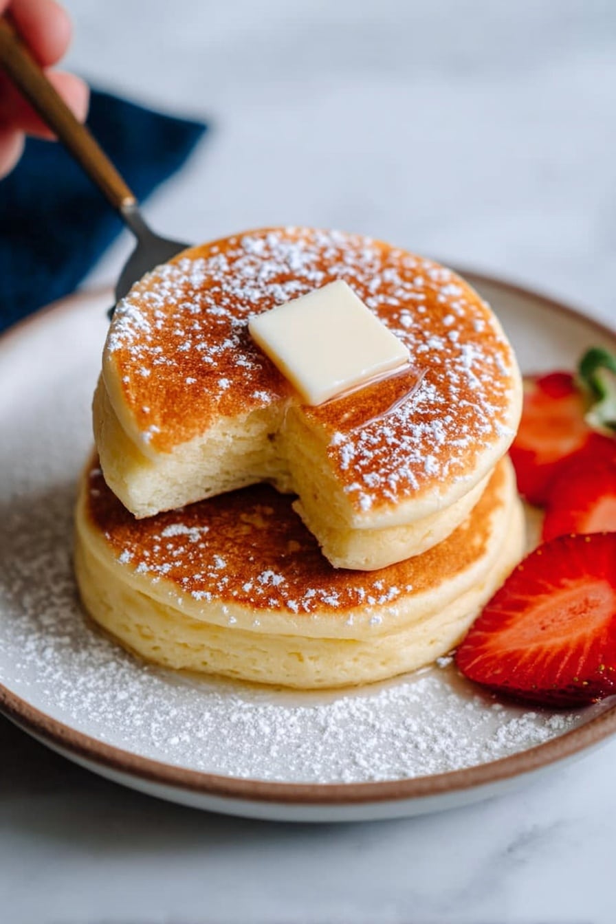 Two thick, fluffy pancakes are stacked on a white plate with light powdered sugar sprinkled across them and the plate. The top pancake is a golden brown with a square piece of butter melting slightly in the center. A woman's hand is holding a spatula lifting the top pancake, showing its light, airy texture on the side. There are sliced strawberries on the plate next to the pancakes, adding red and green color. The background is a white marbled surface. photo taken with an iphone --ar 2:3 --v 7