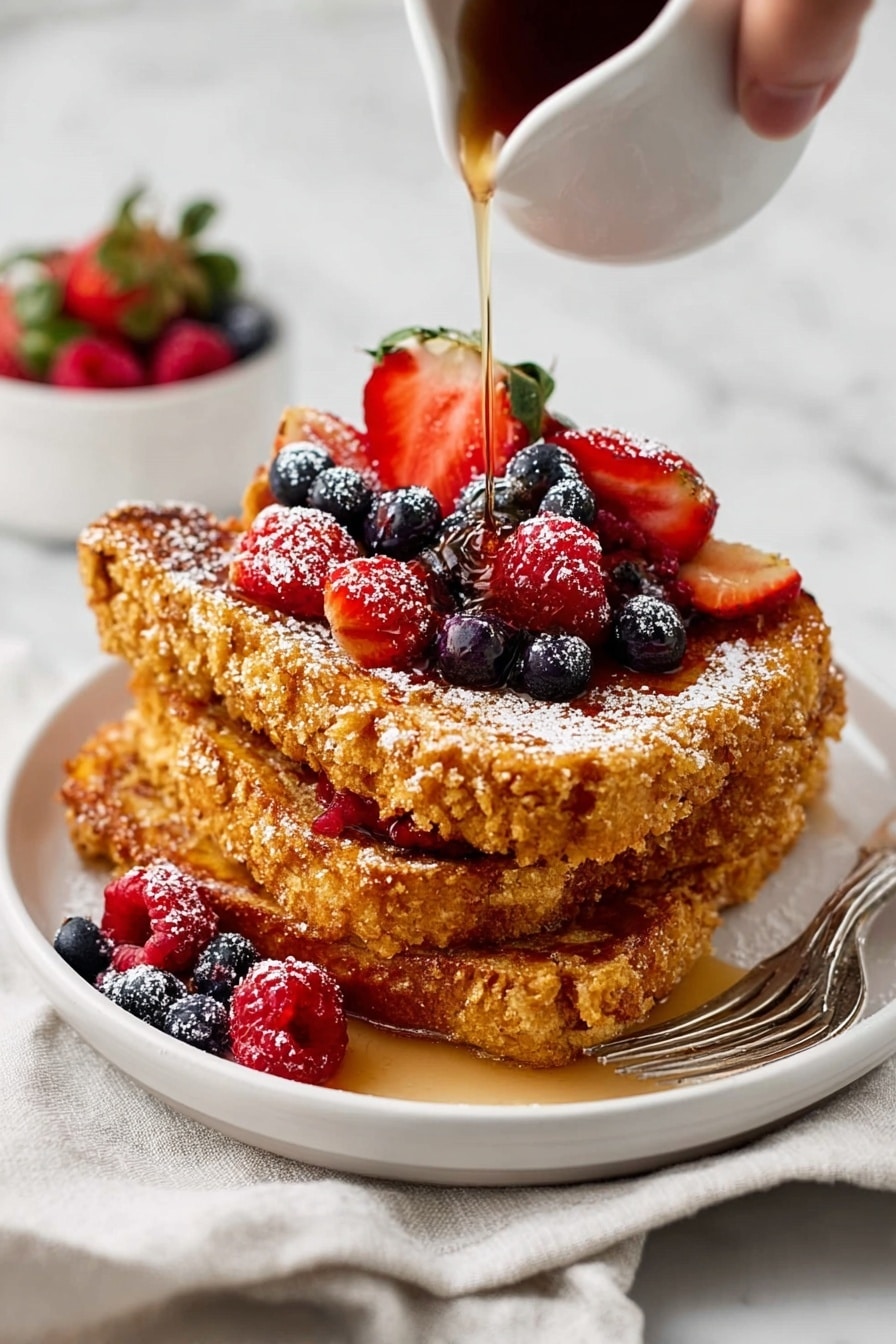 Two thick pieces of crunchy golden-brown French toast stacked on a white plate, topped with fresh red strawberries, red raspberries, and dark blue blueberries. A woman's hand is pouring syrup from a white pitcher over the fruit, with syrup flowing softly. The toast has a crispy, crumbly texture on the outside. Some powdered sugar is sprinkled over the fruit and toast, and extra berries are placed on the plate. A silver fork sits on the right side of the plate, all set on a white marbled surface with a folded cloth beneath the plate. Photo taken with an iphone --ar 2:3 --v 7