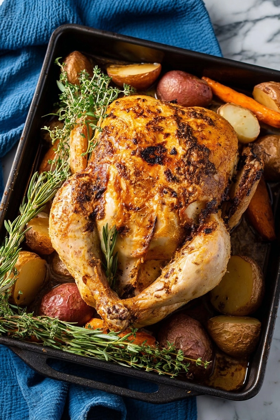 Two fried chicken pieces with golden-brown, crispy skin are placed side by side on a white plate with blue floral patterns. A thick, light beige creamy sauce covers the middle section of both chicken pieces, slightly dripping down the edges. Bright green sprigs of fresh rosemary and thyme rest in the bottom left corner of the plate. The plate is set against a white marbled surface. photo taken with an iphone --ar 2:3 --v 7