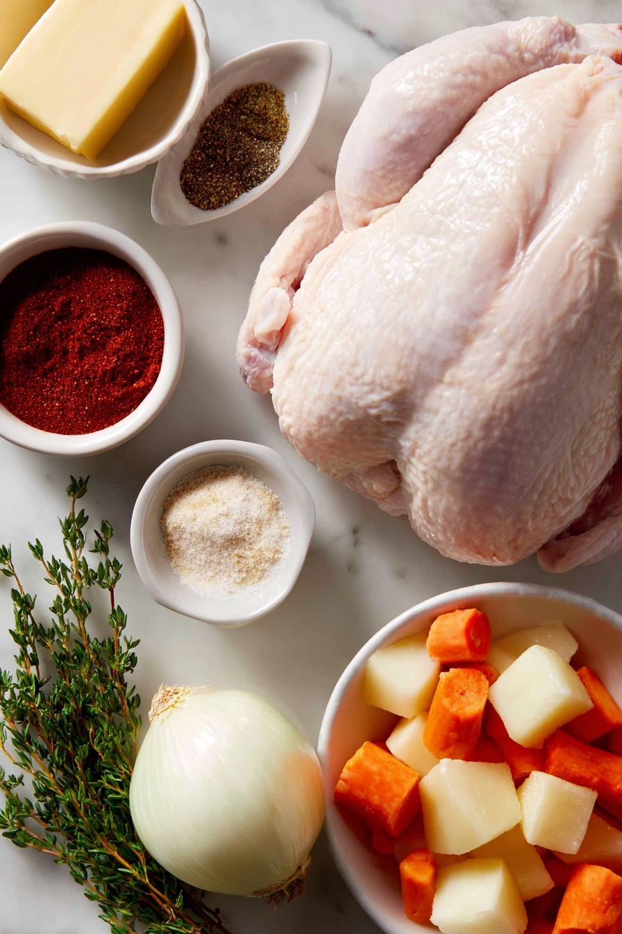 Flat lay of a whole raw chicken with clean white skin, a small mound of softened salted butter in a white ceramic bowl, two teaspoons of paprika powder in a white ceramic bowl, one teaspoon of black pepper in a small white bowl, half a teaspoon of dry mustard powder in a small white bowl, half a teaspoon of garlic powder in a small white bowl, one whole white onion, a fresh green sprig of rosemary, a fresh green sprig of thyme, and a simple white ceramic bowl containing a colorful mix of roughly chopped fresh carrots, potatoes, celery, and white onion pieces, all arranged with perfect symmetry and balanced proportions, placed on a clean white marble surface, soft natural light, photo taken with an iPhone, professional food photography style, fresh ingredients, white ceramic bowls, no bottles, no duplicates, no utensils, no packaging --ar 2:3 --v 7 --p m7354615311229779997