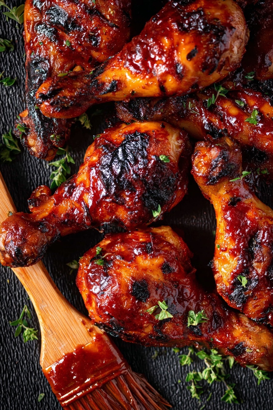 The image shows a close-up of grilled chicken pieces, including drumsticks and thighs, covered with a shiny, dark red barbecue sauce with some charred black spots from grilling. The chicken pieces are stacked closely together on a dark textured surface with small green herb leaves sprinkled on top and around them. Near the bottom left corner, there is a wooden basting brush with a reddish-brown sauce on the bristles resting on the surface. The overall look is rich, glossy, and slightly smoky. photo taken with an iphone --ar 2:3 --v 7
