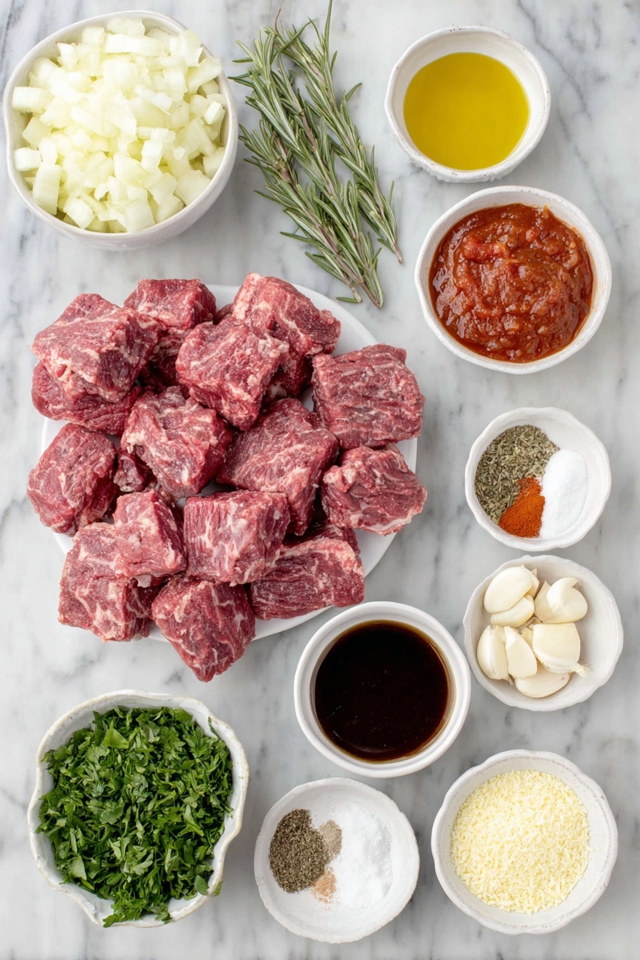 Flat lay of raw sirloin beef tips cut into chunks arranged next to a peeled large white onion diced into cubes, three peeled garlic cloves, a small white ceramic bowl filled with thick red tomato paste, a small white bowl with golden olive oil, a small white bowl containing rich dark brown beef broth, a small white bowl with deep brown Worcestershire sauce, dried oregano leaves, dried rosemary sprigs, bright red paprika powder, coarse sea salt, ground black peppercorns, a small white bowl of fine white cornstarch powder, a small white bowl of clear cold water, and a small pile of freshly chopped vibrant green parsley leaves, all meticulously arranged with perfect symmetry on a clean white marble surface, soft natural light, photo taken with an iPhone, professional food photography style, fresh ingredients, white ceramic bowls, no bottles, no duplicates, no utensils, no packaging --ar 2:3 --v 7 --p m7354615311229779997