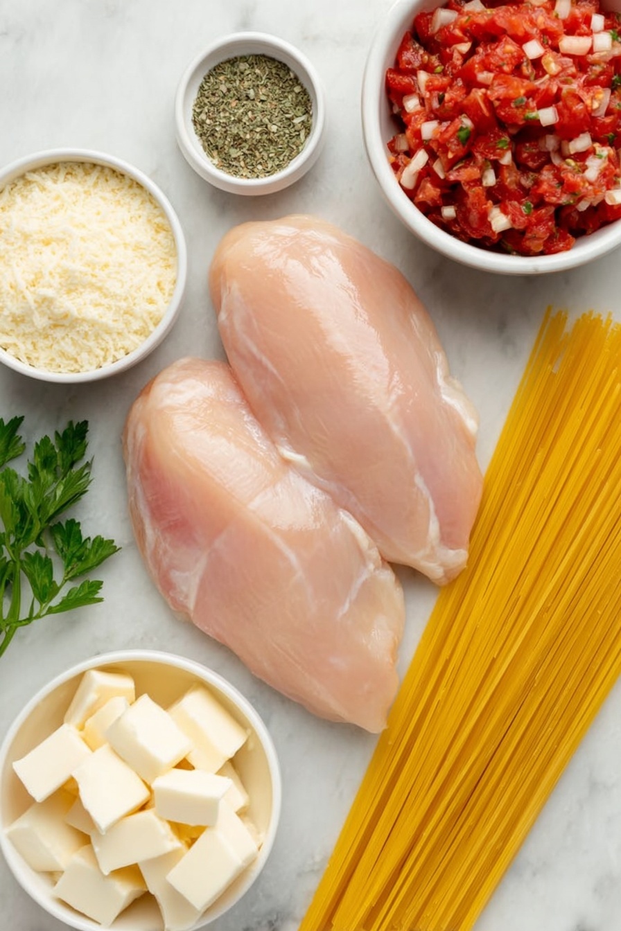 Flat lay of two medium raw chicken breasts, a small white bowl of bright red diced tomatoes, a small white bowl of creamy chicken soup, a small white bowl containing pale beige onion powder, a small white bowl with light tan garlic powder, a small white bowl of dried green oregano, a few cubes of cream cheese arranged neatly, uncooked yellow spaghetti strands fanned out, and a small bunch of fresh bright green parsley sprigs, all arranged in perfect symmetry on a clean white marble surface, soft natural light, photo taken with an iPhone, professional food photography style, fresh ingredients, white ceramic bowls, no bottles, no duplicates, no utensils, no packaging --ar 2:3 --v 7 --p m7354615311229779997