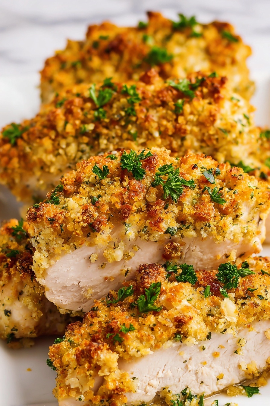 The image shows several pieces of cooked chicken topped with a thick layer of golden-brown crumb topping with a rough texture. The crumb layer is crunchy with small toasted bits and specks of herbs, giving it a slightly uneven finish. Bright green chopped parsley is sprinkled over the top, adding a fresh color contrast. The chicken underneath looks tender and pale with some visible seasoning. The pieces are placed closely together on a white plate with a white marbled surface in the background. photo taken with an iphone --ar 2:3 --v 7