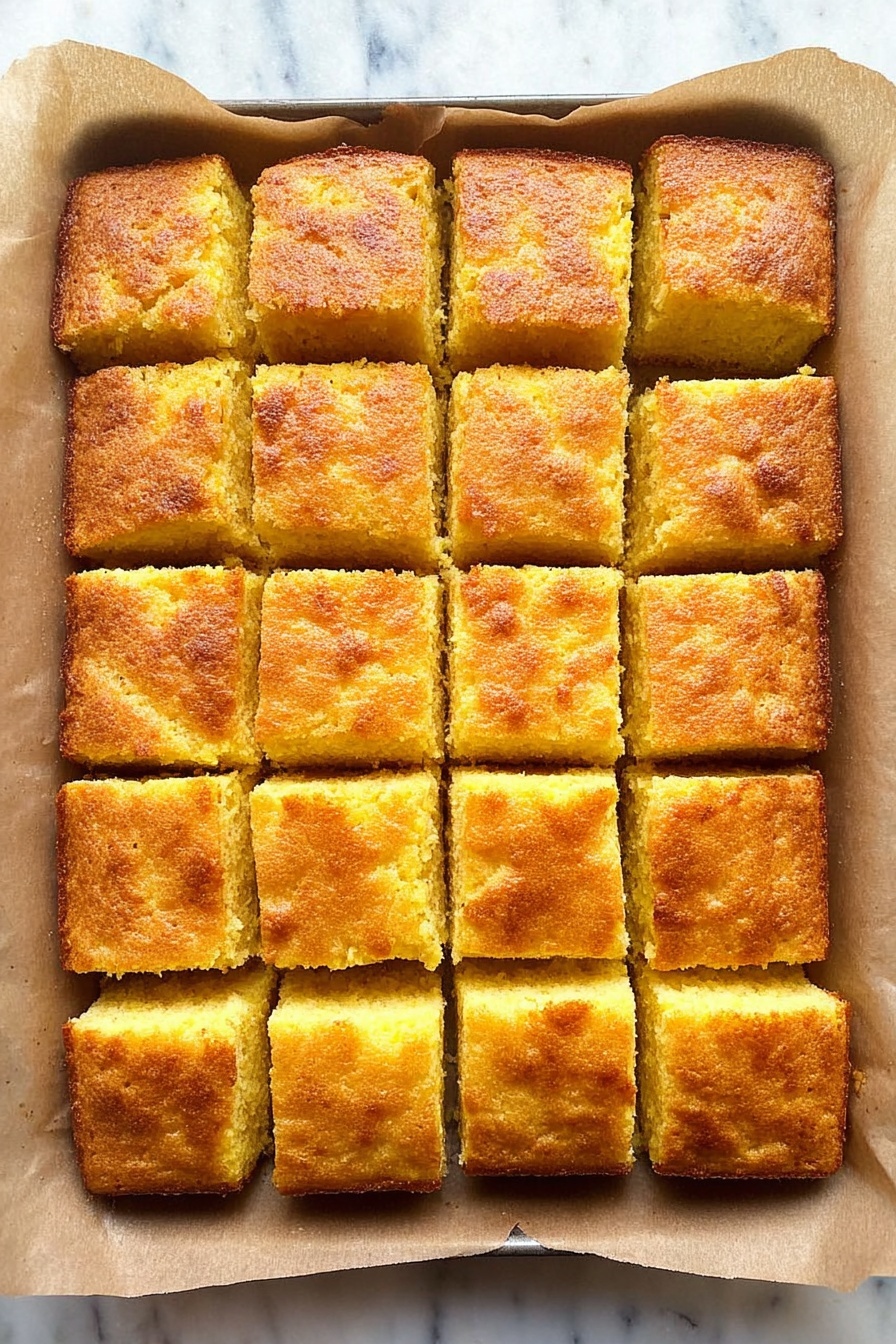 A tray with 24 square pieces of golden yellow cornbread neatly arranged in a 4 by 6 grid on brown parchment paper. Each piece has a slightly rough, textured top with a browned crust, some areas darker than others, showing a crisp surface. The sides of each square are smooth, revealing a soft, dense, yellow interior. The tray sits on a white marbled surface. photo taken with an iphone --ar 2:3 --v 7
