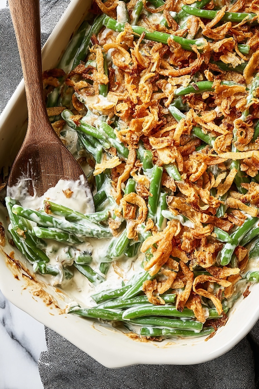 A white rectangular baking dish filled with three visible layers: the bottom layer is creamy white sauce, the middle layer is bright green whole green beans placed closely together, and the top layer is a golden-brown crispy fried onion topping scattered unevenly across the dish. The dish has brown handles on both ends and sits on a white marbled textured surface. photo taken with an iphone --ar 2:3 --v 7