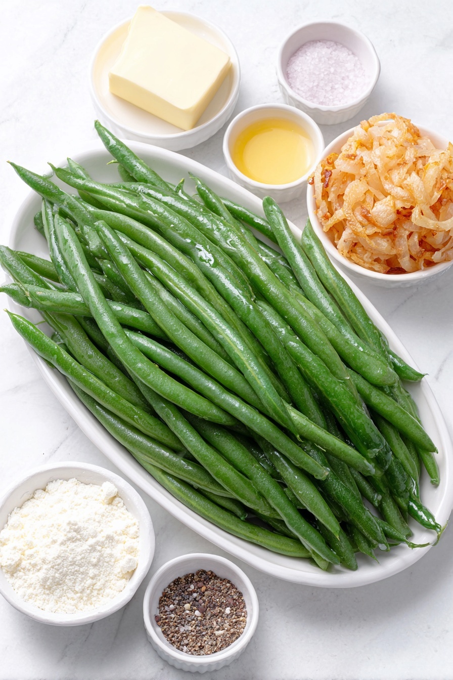 Flat lay of fresh green beans with vibrant green pods, a small pat of unsalted butter on a white ceramic dish, a small white bowl of fine all-purpose flour, a tiny white bowl each with onion powder and garlic powder powders, a small white bowl of coarse sea salt, a small white bowl of freshly cracked black pepper, a tiny white bowl of ground nutmeg, a small white bowl holding golden Dijon mustard, a small white bowl of clear vegetable stock, a small white bowl filled with creamy half and half, and a neat pile of crispy French fried onions arranged on a simple white ceramic plate, all ingredients fresh and natural, placed on a clean white marble surface, soft natural light, photo taken with an iPhone, professional food photography style, fresh ingredients, white ceramic bowls, no bottles, no duplicates, no utensils, no packaging --ar 2:3 --v 7 --p m7354615311229779997