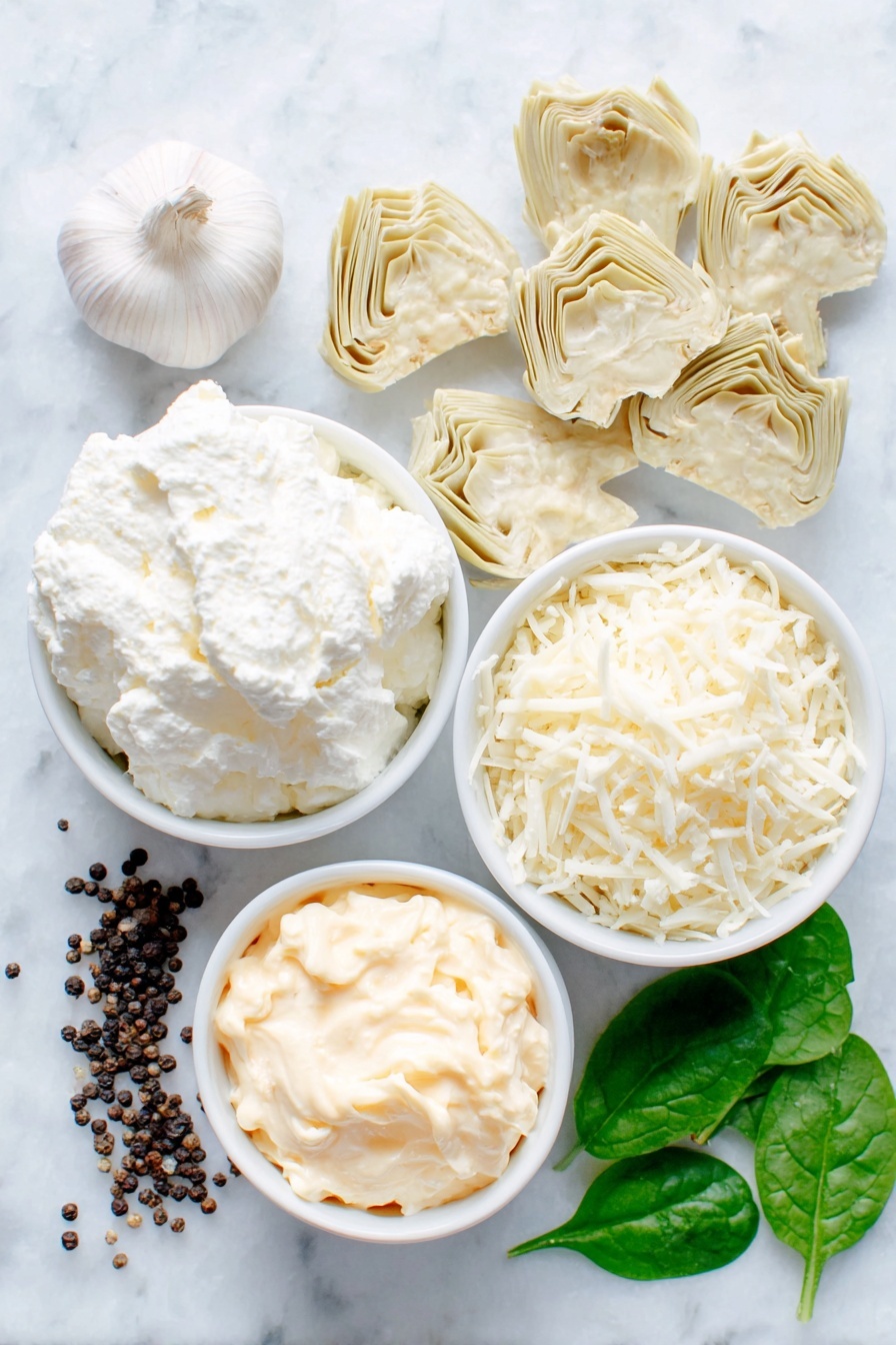Flat lay of a small mound of smooth, creamy cream cheese, a small white ceramic bowl of thick sour cream, another small white ceramic bowl filled with glossy mayonnaise, a single garlic clove with papery skin intact, a small white ceramic bowl heaped with finely shredded parmesan cheese, a similar bowl holding finely shredded mozzarella cheese, a few fresh green spinach leaves loosely gathered and looking vibrant, several quartered pale green artichoke hearts arranged neatly, and a small pile of coarse black peppercorns scattered modestly, all placed on a clean white marble surface, soft natural light, photo taken with an iPhone, professional food photography style, fresh ingredients, white ceramic bowls, no bottles, no duplicates, no utensils, no packaging --ar 2:3 --v 7 --p m7354615311229779997