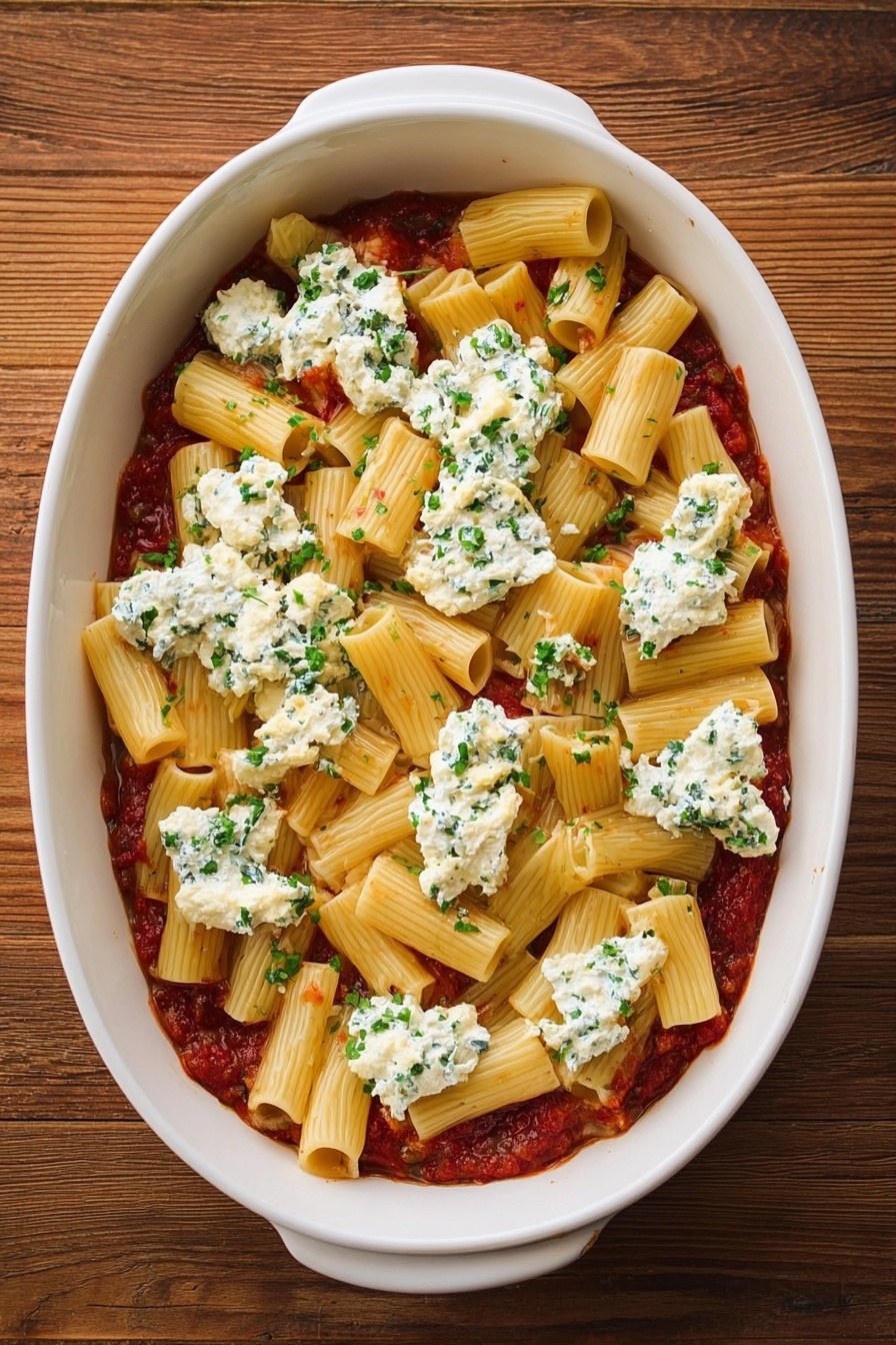 The image shows a white ceramic baking dish filled with baked pasta. The dish has two main visible layers: a bottom layer of chunky red tomato sauce mixed with ground meat and rigatoni pasta in a thick, rich texture, and a top layer of melted golden-brown cheese with slight crispy spots and bits of chopped green herbs sprinkled over it. A wooden spoon is lifting a portion of this baked pasta, showing the layers clearly with some cheese stretching slightly. The dish rests on a white marbled surface with a small part of a white plate nearby. photo taken with an iphone --ar 2:3 --v 7