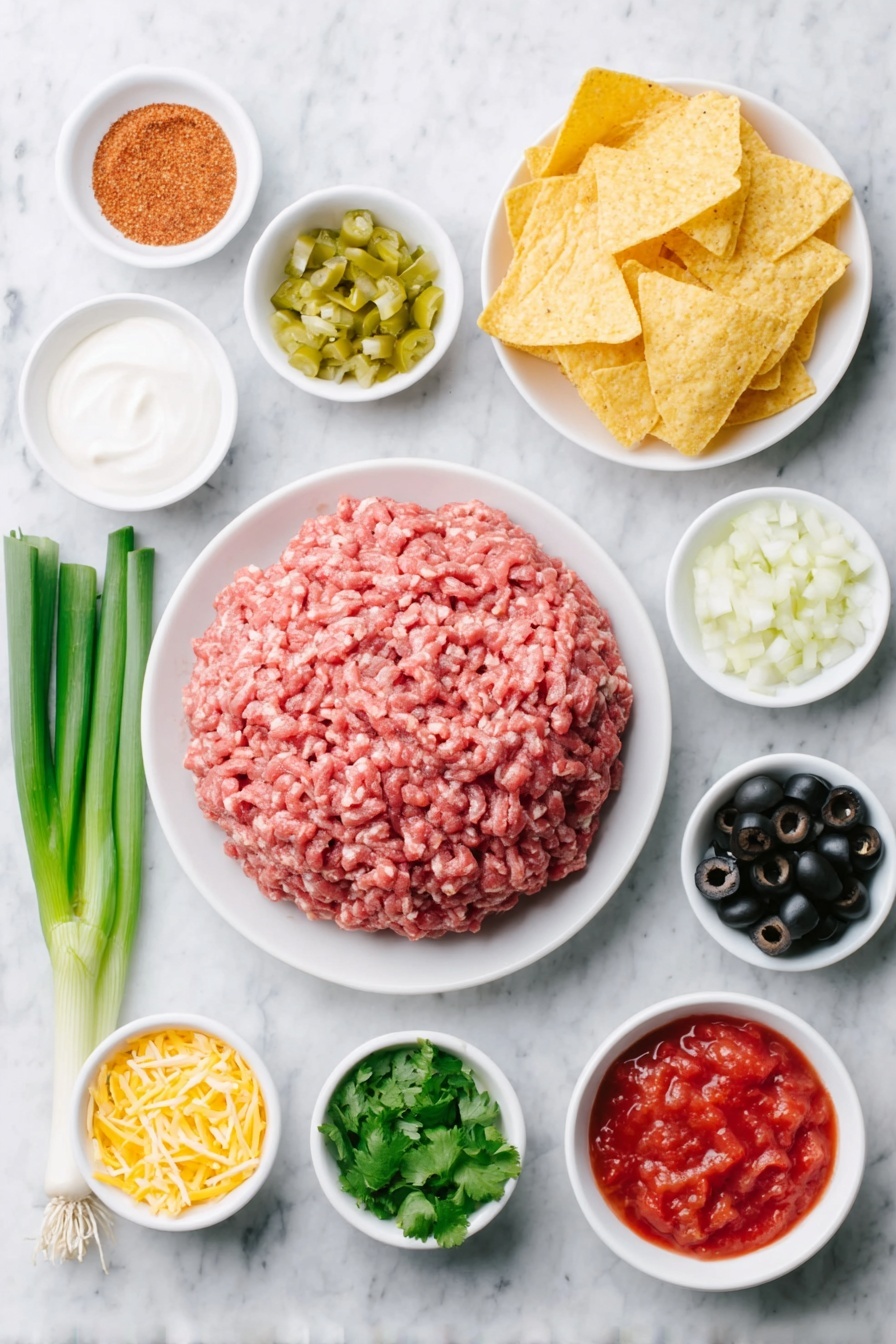 Flat lay of a pound of raw ground beef shaped into a neat mound, finely chopped white onion in a small white ceramic bowl, finely chopped green bell pepper in another small white bowl, a small white bowl with clear water, a small white bowl filled with reddish-orange taco seasoning powder, black beans drained and piled in a white bowl, a simple pile of golden triangular tortilla chips, a mound of freshly shredded bright orange cheddar cheese on a white plate, diced vibrant red cherry tomatoes in a white bowl, thinly sliced glossy black olives in a white bowl, a small pile of finely chopped fresh green cilantro leaves, two whole green jalapeño peppers with smooth skins, three fresh green onions with long white and green parts, a small white bowl of thick white sour cream, and a small white bowl filled with chunky red salsa, all arranged with perfect symmetry and balanced spacing, placed on a clean white marble surface, soft natural light, photo taken with an iPhone, professional food photography style, fresh ingredients, white ceramic bowls, no bottles, no duplicates, no utensils, no packaging --ar 2:3 --v 7 --p m7354615311229779997