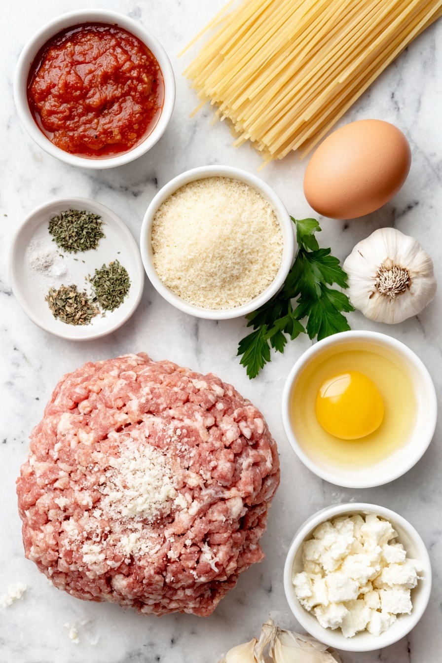 Flat lay of fresh lean ground turkey shaped into a neat mound, a small white bowl of Italian breadcrumbs, a small white bowl of panko breadcrumbs, a small white bowl filled with finely grated Parmesan cheese, two whole cloves of garlic with papery skin intact, half a small white onion finely diced but displayed whole alongside, a small cluster of bright green fresh parsley sprigs, one large whole uncracked brown egg, a small white bowl containing dried oregano, a small white bowl containing dried basil, a small white bowl of coarse sea salt, a small white bowl with ground black pepper, a small white bowl with crumbled white feta cheese, a small white bowl with golden olive oil, a small white bowl filled with vibrant red marinara sauce, a few strands of uncooked spaghetti pasta arranged neatly—all ingredients fresh and natural, no packaging—placed on a clean white marble surface, soft natural light, photo taken with an iPhone, professional food photography style, fresh ingredients, white ceramic bowls, no bottles, no duplicates, no utensils, no packaging --ar 2:3 --v 7 --p m7354615311229779997