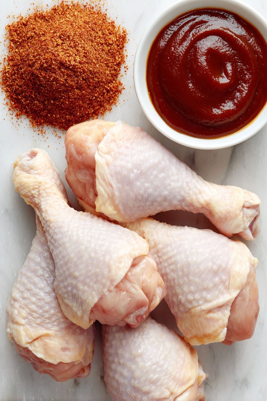 Flat lay of fresh bone-in chicken drumsticks with skin, a small mound of reddish-brown barbecue chicken rub, a small white ceramic bowl filled with glossy, thick barbecue sauce, placed on a clean white marble surface, soft natural light, photo taken with an iPhone, professional food photography style, fresh ingredients, white ceramic bowls, no bottles, no duplicates, no utensils, no packaging --ar 2:3 --v 7 --p m7354615311229779997
