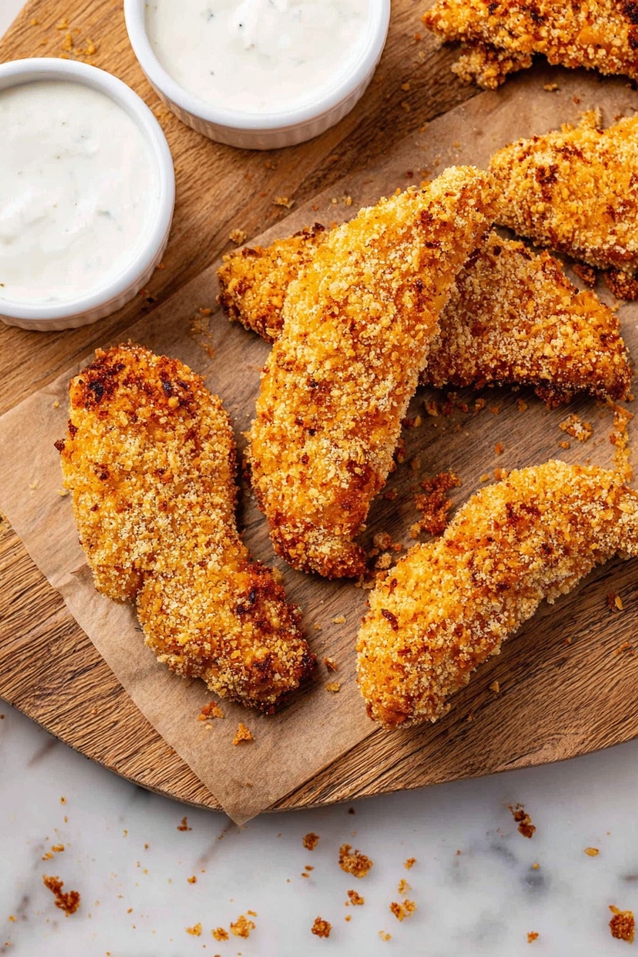 The image shows five golden-brown crispy coated chicken strips arranged on a wooden board, with a crunchy, textured coating visible on each piece. Two white ramekins filled with a creamy white dipping sauce are placed near the upper and left edges of the board. The wooden board sits on a white marbled surface, adding a clean and bright contrast to the warm tones of the chicken. Small crumbs from the coating are scattered around the strips and board edges, making the scene look natural and appetizing. photo taken with an iphone --ar 2:3 --v 7