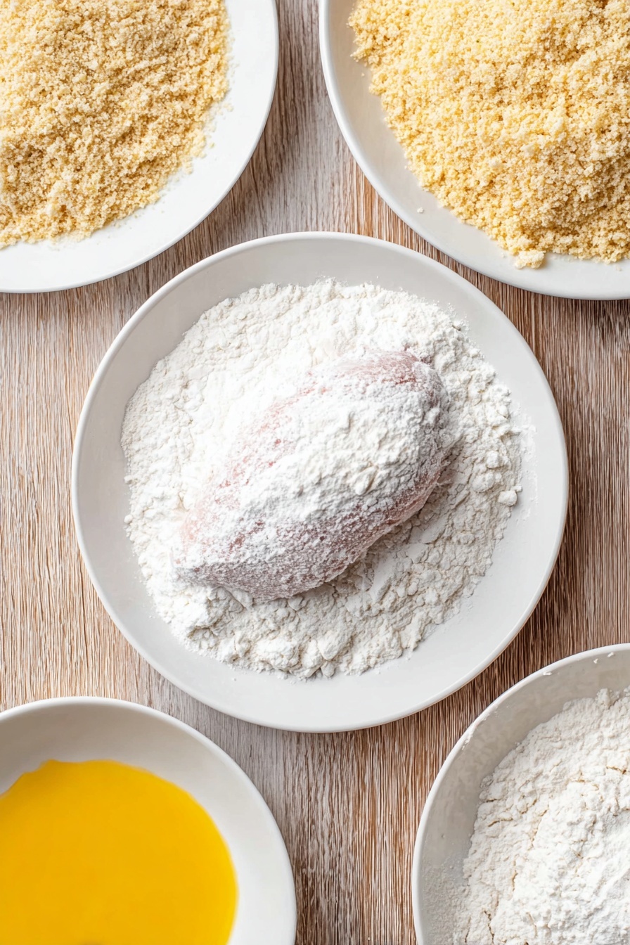 The image shows a close-up of a golden-brown crispy chicken tender being dipped into a white creamy sauce in a white ribbed ramekin. The chicken tender has a rough, crunchy texture with visible seasonings and crumbs. Behind the ramekin, there are more pieces of chicken tenders stacked on a brown wooden surface, which transitions into a white marbled texture background. A woman's hand with red nail polish is holding the chicken tender from the top right corner. photo taken with an iphone --ar 2:3 --v 7
