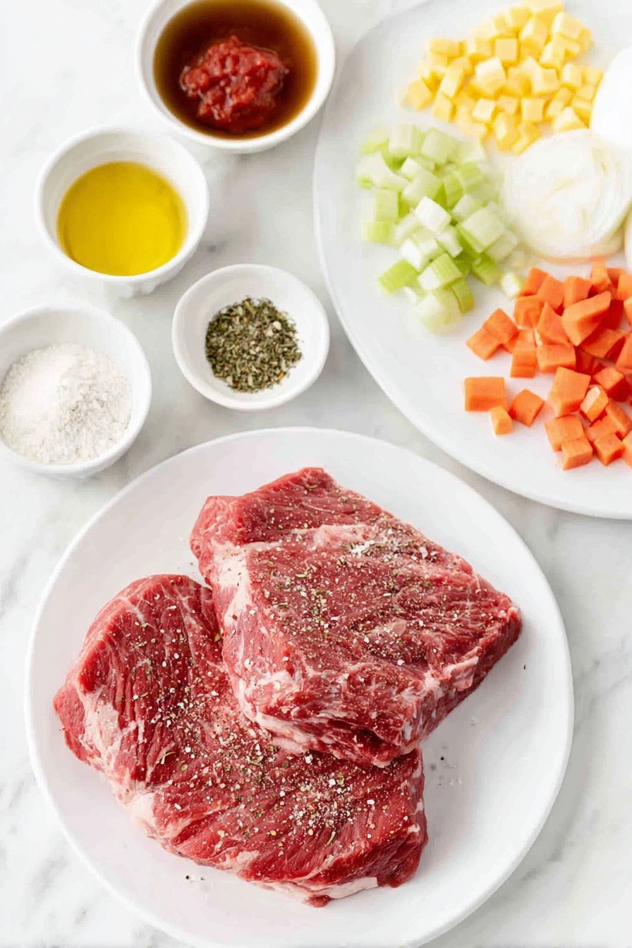 Flat lay of fresh bottom round roast steaks seasoned with coarse salt and cracked black pepper, a small mound of all-purpose flour on a simple white ceramic plate, two tablespoons of golden olive oil in a small white bowl, one medium yellow onion diced into small cubes on a white ceramic dish, two bright orange carrots diced neatly, two celery ribs chopped, three whole garlic cloves minced arranged nearby, a small white bowl filled with rich beef broth, another small white bowl containing a dollop of deep red tomato paste, a clean white ceramic plate holding bright red diced tomatoes, small piles of dried oregano, dried basil, dried thyme, and paprika arranged symmetrically on the white surface, a tablespoon of dark Worcestershire sauce in a small white bowl, and a small white bowl with fine white cornstarch powder — all placed on a clean white marble surface, soft natural light, photo taken with an iPhone, professional food photography style, fresh ingredients, white ceramic bowls, no bottles, no duplicates, no utensils, no packaging --ar 2:3 --v 7 --p m7354615311229779997