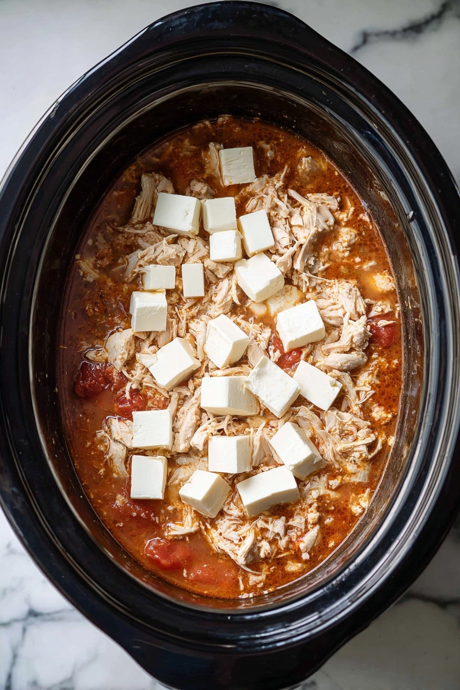 A black slow cooker filled with a stew that has a reddish broth with visible small pieces of tomato throughout. On top of the stew, there is a layer of shredded light beige chicken pieces spread evenly. Scattered over the chicken are eight large cubes of white cream cheese, contrasting against the red broth and shredded chicken. The slow cooker sits on a white marbled surface photo taken with an iphone --ar 2:3 --v 7