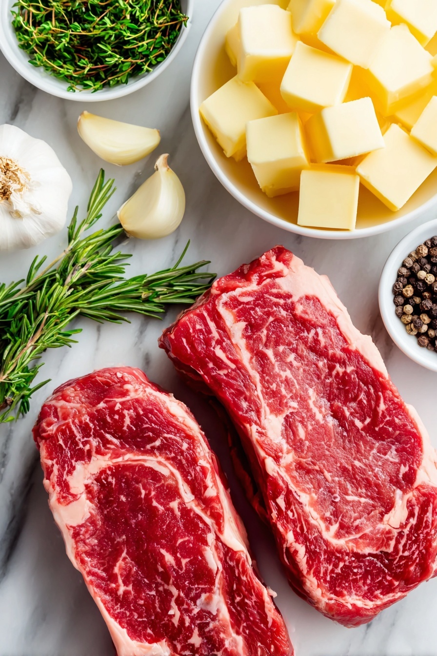 Flat lay of two raw NY strip steaks with rich marbling, a small white ceramic bowl of pale creamy unsalted butter cubes, eight fresh garlic cloves with papery skins, one peeled shallot quartered, four vibrant green sprigs of fresh thyme, four woody sprigs of fresh rosemary, a small white ceramic bowl filled with coarse sea salt flakes, and another small white ceramic bowl with cracked coarse black peppercorns placed on a clean white marble surface, soft natural light, photo taken with an iPhone, professional food photography style, fresh ingredients, white ceramic bowls, no bottles, no duplicates, no utensils, no packaging --ar 2:3 --v 7 --p m7354615311229779997