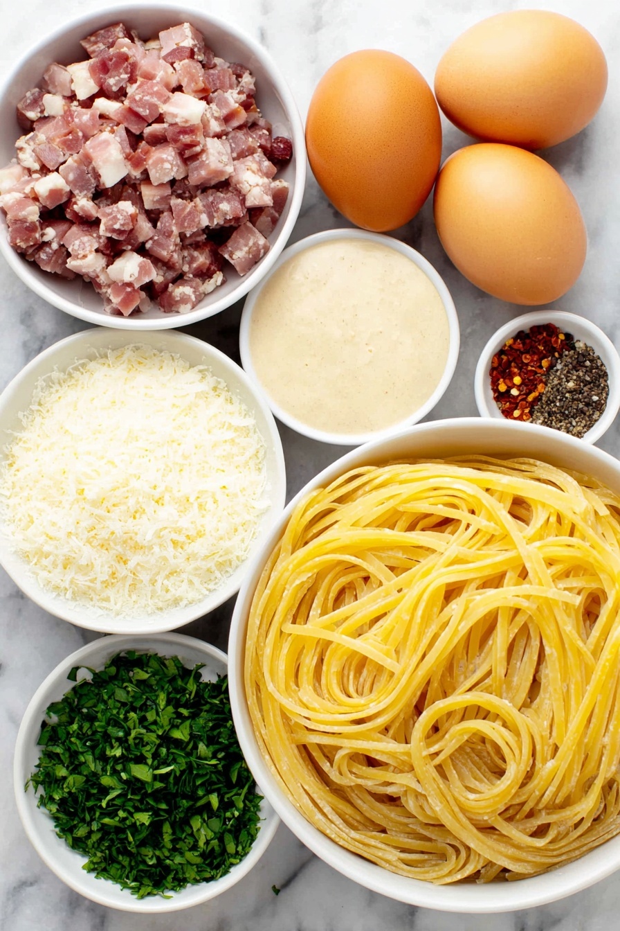 Flat lay of uncooked spaghetti nest, four thick slices of raw bacon cut into small pieces, a small white bowl of smooth beige miso paste, a small white bowl with bright red chili flakes, a small white bowl filled with freshly ground black pepper, two whole uncracked brown eggs with clean shells, a small white bowl heaped with grated Parmigiano Reggiano cheese, a small white bowl of translucent hot reserved pasta water, and a small pile of finely chopped fresh green parsley, all arranged with perfect symmetry on a clean white marble surface, soft natural light, photo taken with an iPhone, professional food photography style, fresh ingredients, white ceramic bowls, no bottles, no duplicates, no utensils, no packaging --ar 2:3 --v 7 --p m7354615311229779997