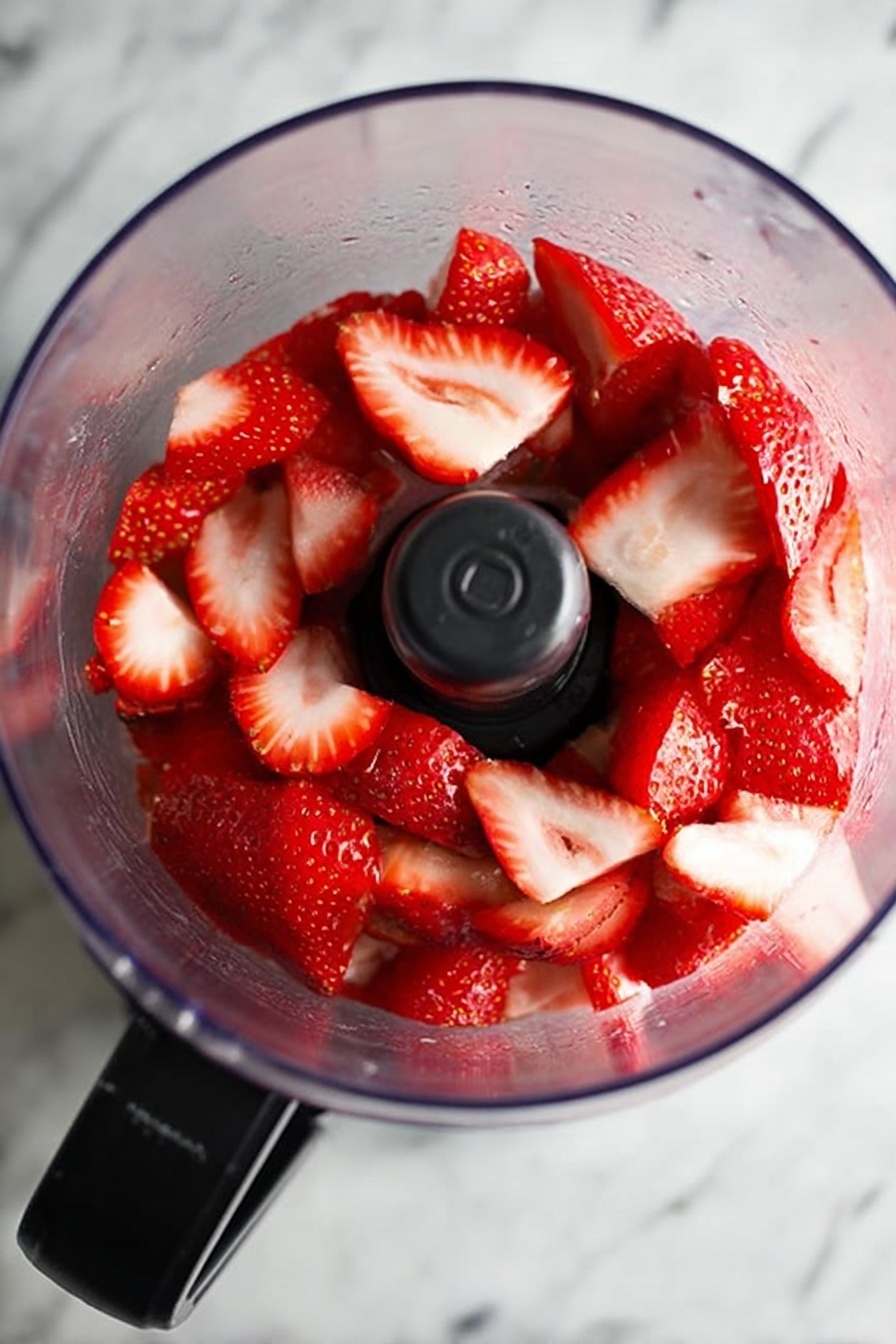 A clear glass pitcher filled with a bright orange-red strawberry lemonade drink with visible small strawberry bits and thin lemon slices floating near the top layer, sitting on a white marbled surface. In front of the pitcher, there is a halved lemon slice and a whole strawberry placed on the surface. The background shows some whole lemons and another glass filled with the same drink but blurred out. Photo taken with an iphone --ar 2:3 --v 7
