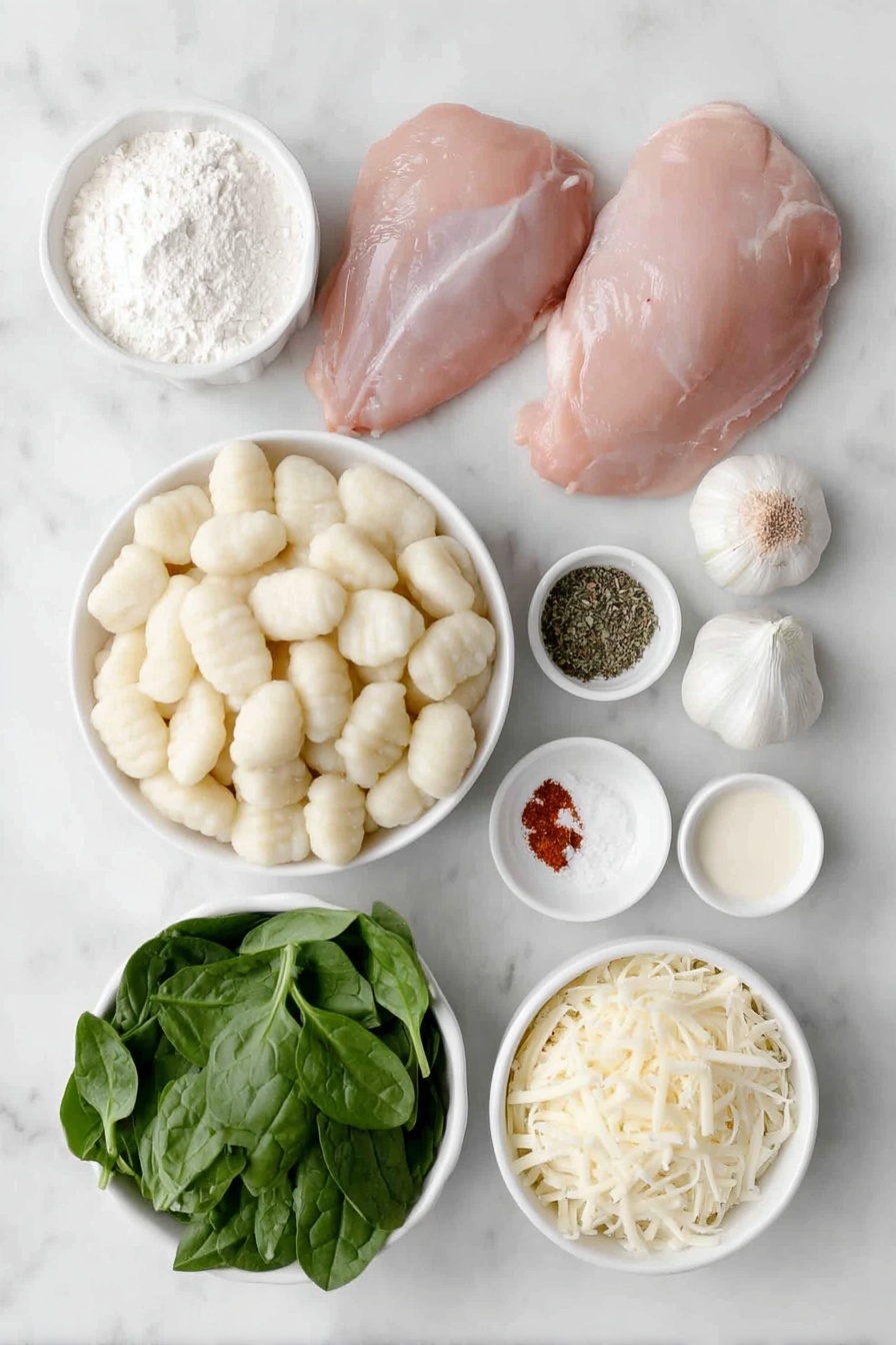 Flat lay of a mound of fresh potato gnocchi, two whole boneless skinless chicken thighs with smooth pale pink skin, a small pile of chopped yellow onion, three whole uncracked garlic cloves, three small heaps of dried basil, oregano, and thyme, a small white ceramic bowl filled with all-purpose flour, a small white ceramic bowl containing low-sodium chicken broth, a small white ceramic bowl with heavy cream, a neat pile of shredded mozzarella cheese, a bunch of fresh baby spinach leaves, a small white ceramic bowl with grated Parmesan cheese, and a pinch of coarse salt and black pepper scattered artfully, all arranged symmetrically on a clean white marble surface, soft natural light, photo taken with an iPhone, professional food photography style, fresh ingredients, white ceramic bowls, no bottles, no duplicates, no utensils, no packaging --ar 2:3 --v 7 --p m7354615311229779997
