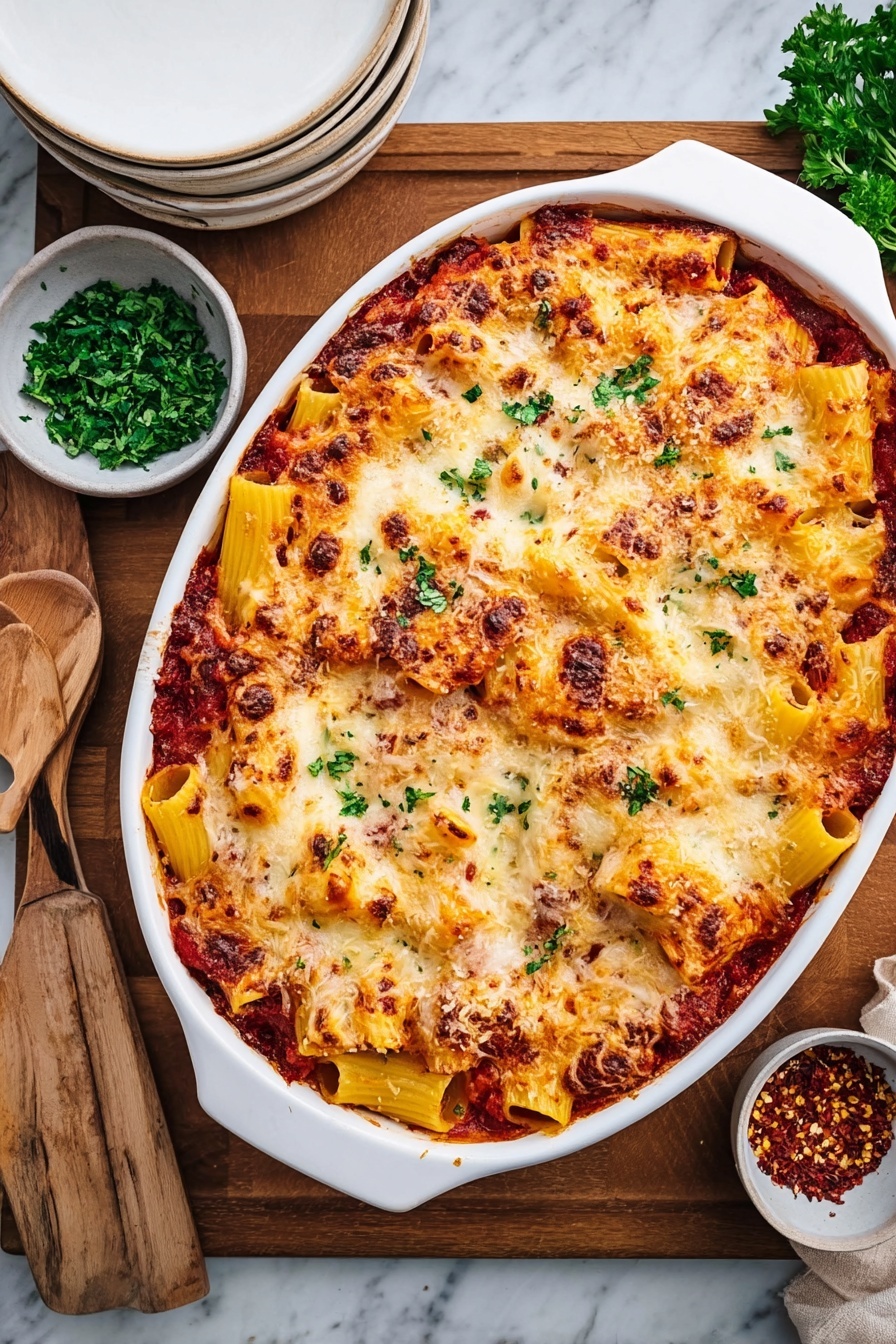 A white oval baking dish filled with baked pasta layers starting with a deep red tomato sauce at the bottom, topped with large pale yellow rigatoni pasta standing upright in places, covered by a thick layer of melted golden and light brown cheese with a slightly crispy texture, sprinkled with small green parsley pieces and red chili flakes. The dish sits on a wooden board next to a white round bowl of chopped green herbs and a small white bowl of red chili flakes, with stacked white plates and a wooden spatula on a white marbled surface. Photo taken with an iphone --ar 2:3 --v 7