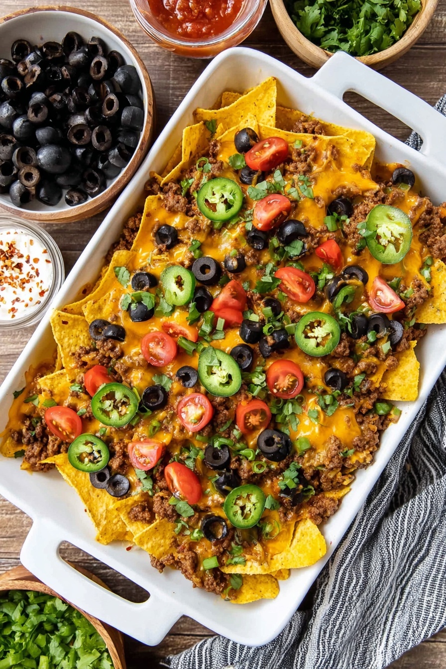 A white rectangular dish full of layered nachos with yellow tortilla chips at the bottom, melted orange cheddar cheese evenly spread on top, and seasoned cooked ground meat scattered throughout. The nachos are topped with sliced green jalapeno rings, halved red cherry tomatoes, black olive slices, chopped green onions, and fresh green cilantro leaves, creating a colorful mix. Nearby, there is a white bowl filled with black olives, a small bowl of red salsa, and a white dip with a sprinkle of red seasoning. The dish is placed on a wooden surface with a gray and white striped cloth beside it. photo taken with an iphone --ar 2:3 --v 7
