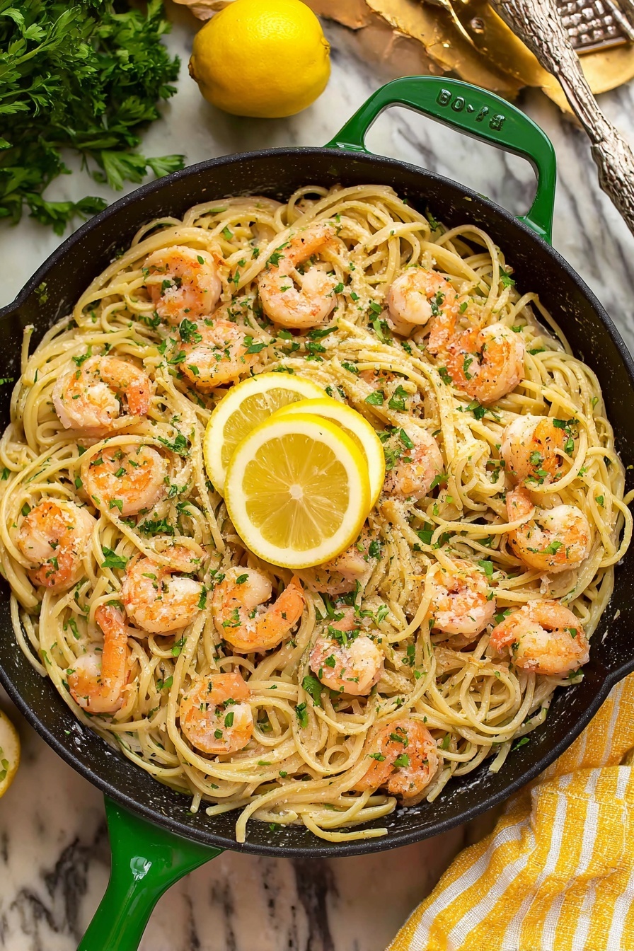 A black skillet with a green handle holds a creamy pasta dish with spaghetti noodles coated in a light cream sauce. There are about ten pink-orange shrimp evenly spread on top of the noodles, each with a firm texture and slight char marks. Fresh green parsley bits are sprinkled across the dish. At the center, two thin lemon wedges rest over the pasta, adding a bright yellow contrast. The skillet is placed on a white marbled surface with a yellow striped cloth nearby and some fresh parsley and a halved lemon in the corner. Photo taken with an iphone --ar 2:3 --v 7