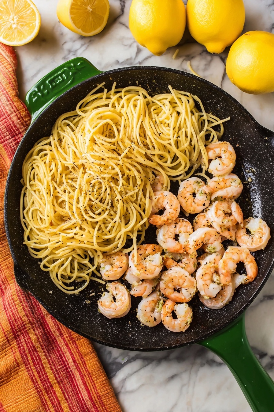 A white plate holds a serving of thick spaghetti noodles tossed with a creamy light yellow sauce, evenly coated and mixed with small specks of black pepper and finely chopped green herbs. On top and around the pasta, five cooked shrimp with a pale pink and white color are placed, showing a slight char and seasoning on their surface. Two thin lemon slices with bright yellow skin and visible juicy pulp rest in the center of the dish, adding a fresh and zesty touch. The plate is placed on a white marbled surface, with a halved lemon in the upper right corner and a silver fork at the bottom right edge. Photo taken with an iphone --ar 2:3 --v 7
