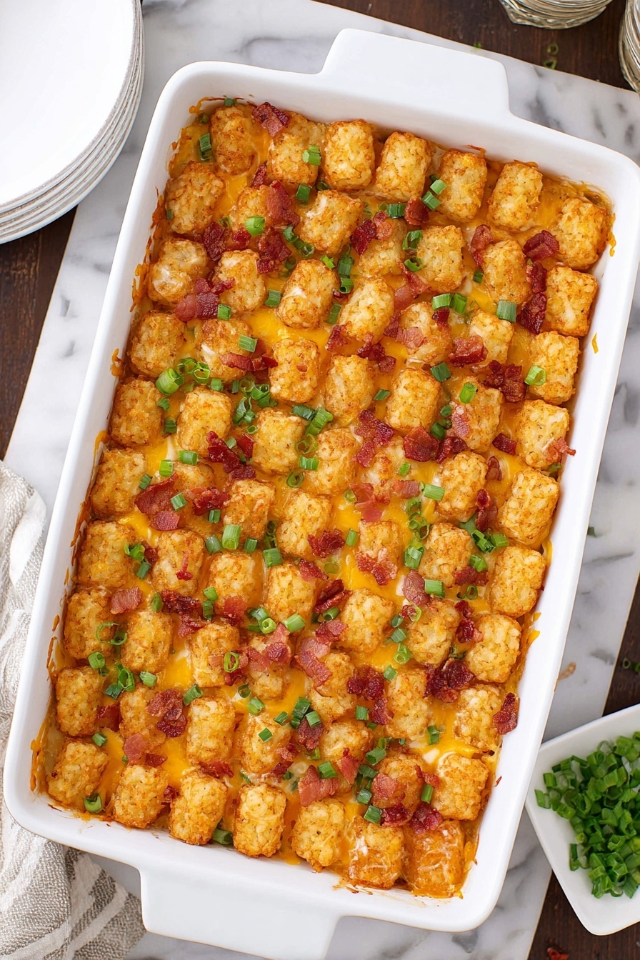 A white rectangular baking dish is filled with a layered tater tot casserole. The top layer is made of golden brown, crispy tater tots arranged closely in neat rows, sprinkled with small pieces of cooked reddish-brown bacon and scattered green onion slices. Beneath the tater tots, melted orange and white cheese peek through, creating a creamy melted layer. The dish rests on a white marbled surface, with part of a white plate visible in the corner and a small white square dish holding chopped green onions nearby. photo taken with an iphone --ar 2:3 --v 7