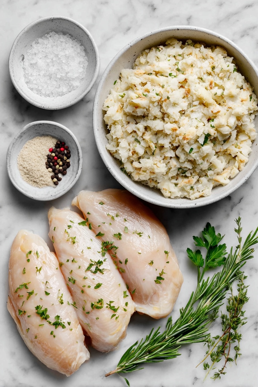 Flat lay of four boneless skinless chicken breasts, a simple white ceramic bowl with fresh homemade bread stuffing, a small white bowl containing coarse sea salt, a small white bowl with cracked black peppercorns, a small white bowl filled with garlic powder, a small white bowl holding poultry seasoning, and a few fresh sprigs of parsley, thyme, and rosemary placed neatly around, arranged with perfect symmetry, all ingredients looking fresh and natural, placed on a clean white marble surface, soft natural light, photo taken with an iPhone, professional food photography style, fresh ingredients, white ceramic bowls, no bottles, no duplicates, no utensils, no packaging --ar 2:3 --v 7 --p m7354615311229779997