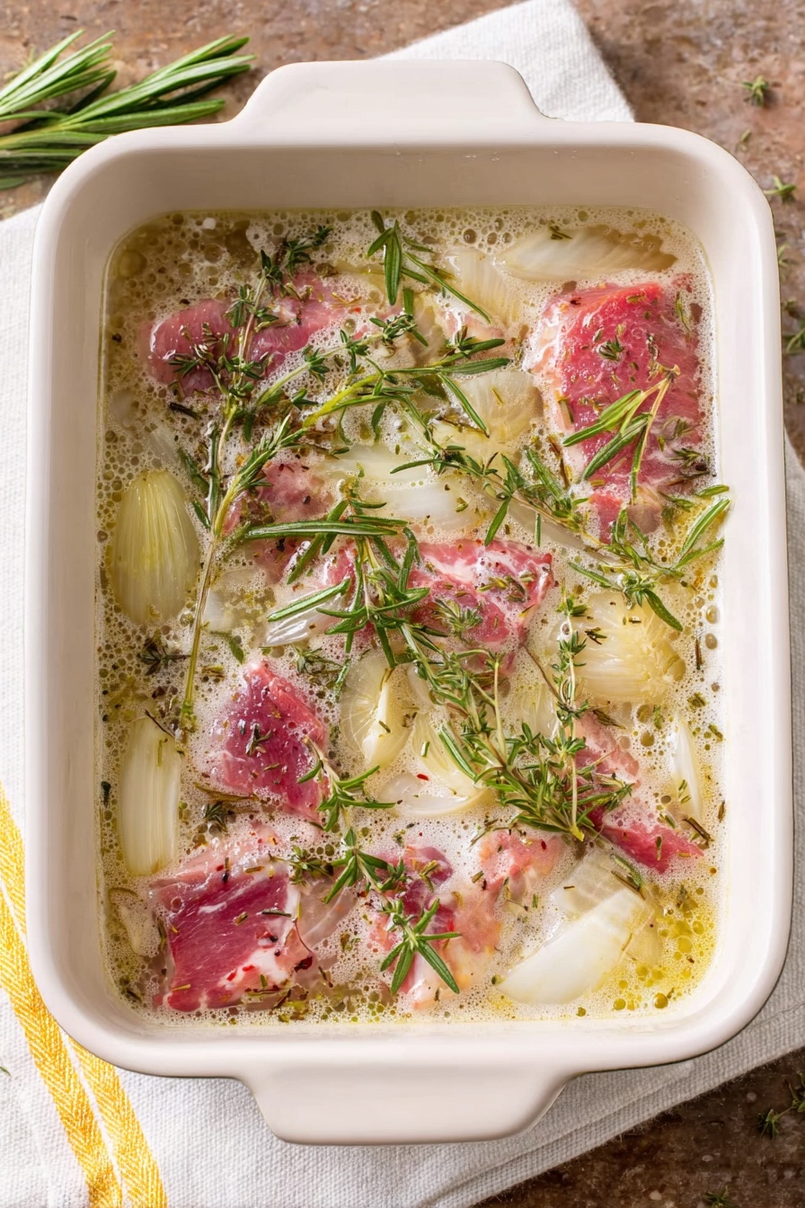 A wooden board lined with light brown parchment paper holds thick slices of cooked steak arranged in two neat rows. Each slice shows a dark brown, crisp outer edge and a juicy pink center, revealing the tender meat inside. In the top left corner, fresh green sprigs of herbs rest on the board, and a whole white garlic bulb sits near the top right corner, adding a fresh feel. The whole scene is set on a white marbled surface, highlighting the richness of the steak. Photo taken with an iphone --ar 2:3 --v 7