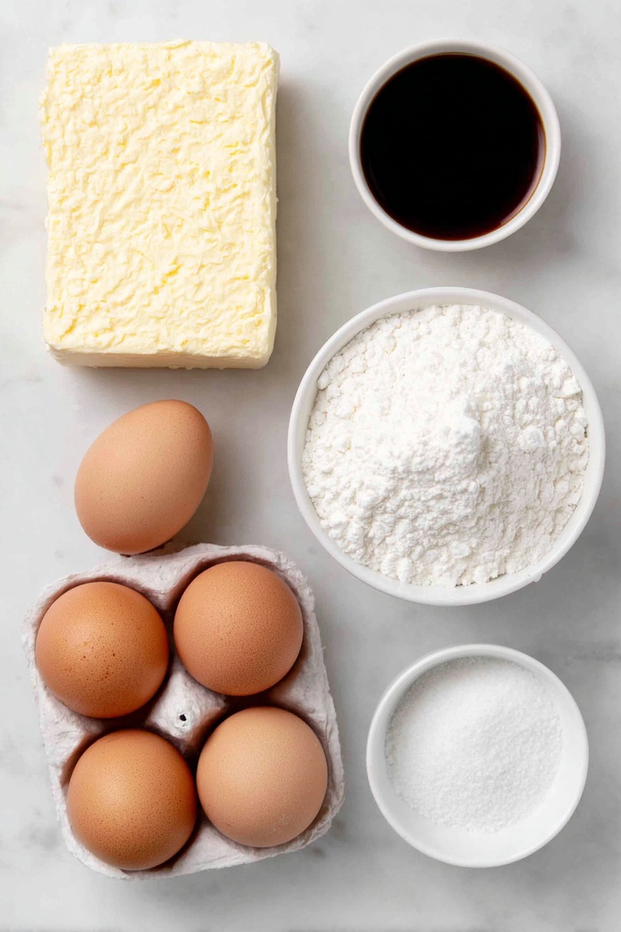 Flat lay of an unwrapped block of cream cheese with a smooth surface, a half cup of unsalted butter in a simple white ceramic bowl melted to a liquid gold, an unbroken box of yellow cake mix bag partially open showing fine yellow powder next to it, four large whole clean eggs with smooth brown shells arranged neatly, a small white ceramic bowl filled with powdered sugar piled high like soft snow, a small white bowl with clear vanilla extract, and another small white bowl with clear almond extract, all perfectly spaced in balanced symmetry, placed on a clean white marble surface, soft natural light, photo taken with an iPhone, professional food photography style, fresh ingredients, white ceramic bowls, no bottles, no duplicates, no utensils, no packaging --ar 2:3 --v 7 --p m7354615311229779997