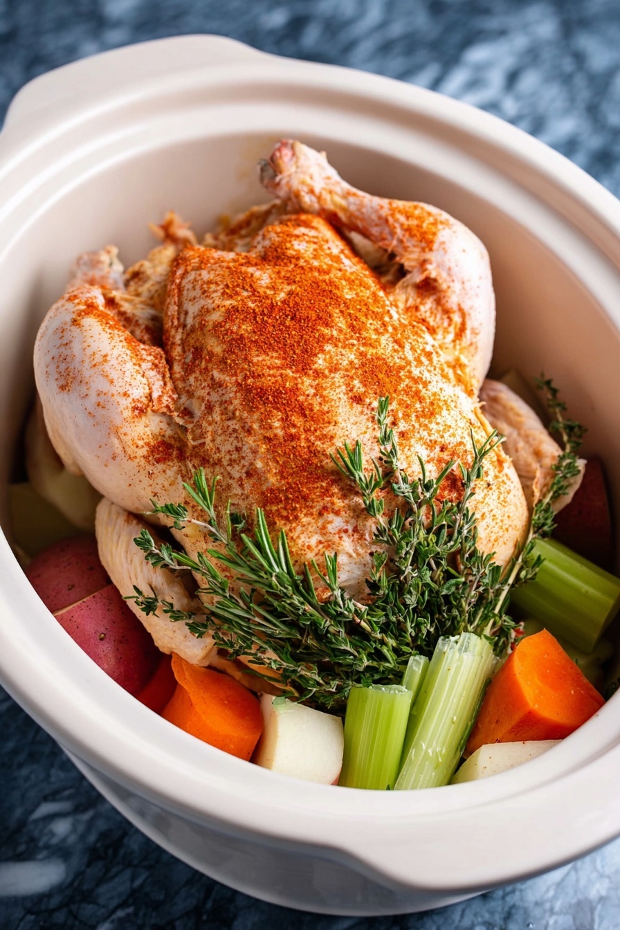 A whole roasted chicken with golden brown and crispy skin sits in a black rectangular pan. The chicken is centered and surrounded by several red potatoes, bright orange carrots, and fresh green sprigs of rosemary and thyme. The chicken’s texture shows a mix of smooth and crispy patches with some browned spots. The pan rests on a white marbled surface, next to a blue cloth napkin. photo taken with an iphone --ar 2:3 --v 7