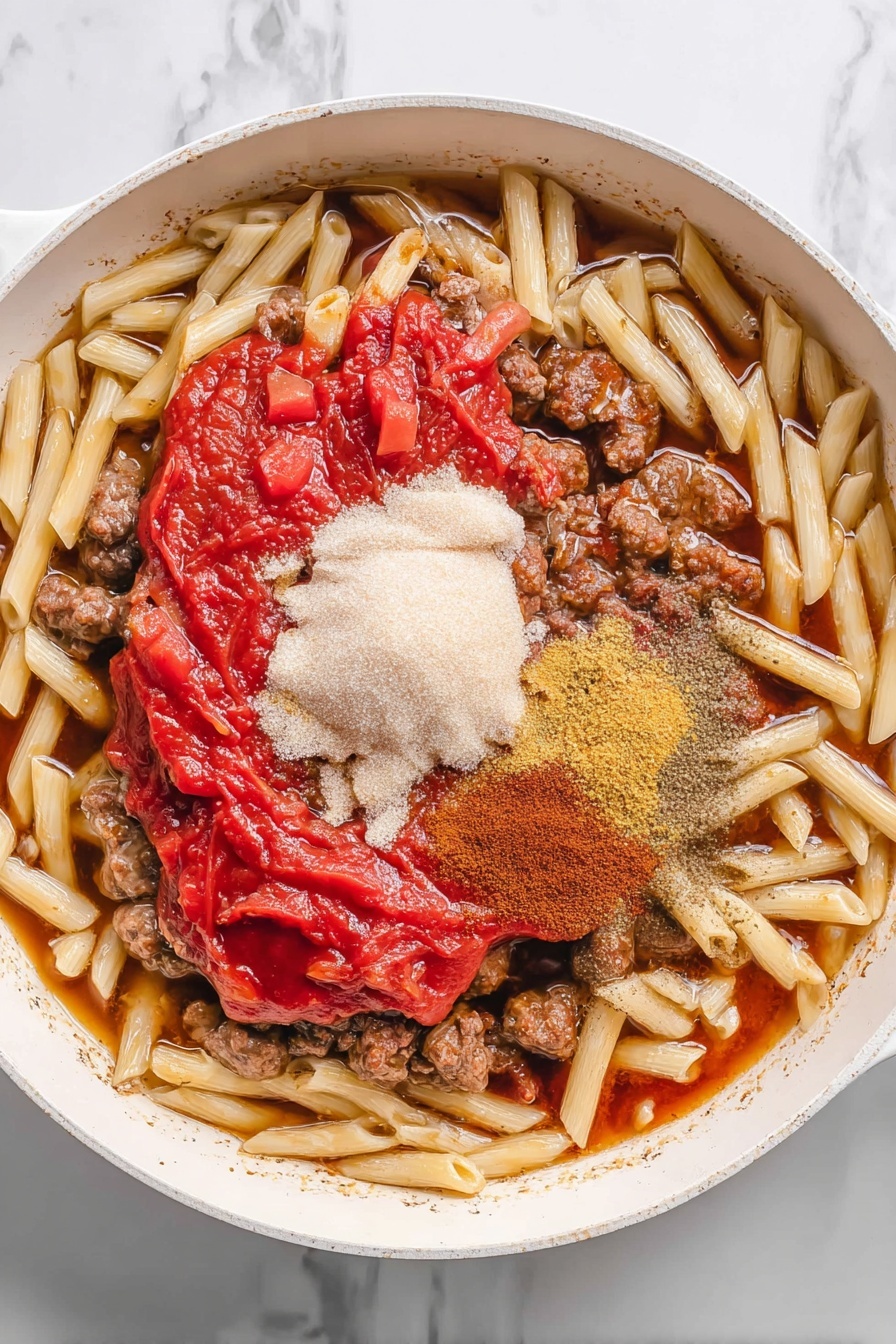 The image shows a close-up of penne pasta covered in a thick, red tomato sauce mixed with ground meat and small tomato pieces. The pasta is cooked well and coated evenly with the sauce. There are small bits of green herbs, likely parsley, sprinkled through the dish. A white spoon is partially visible scooping up the pasta on a white marbled surface. The atmosphere feels warm and hearty, highlighting the rich texture of the sauce and the smooth penne tubes. Photo taken with an iphone --ar 2:3 --v 7