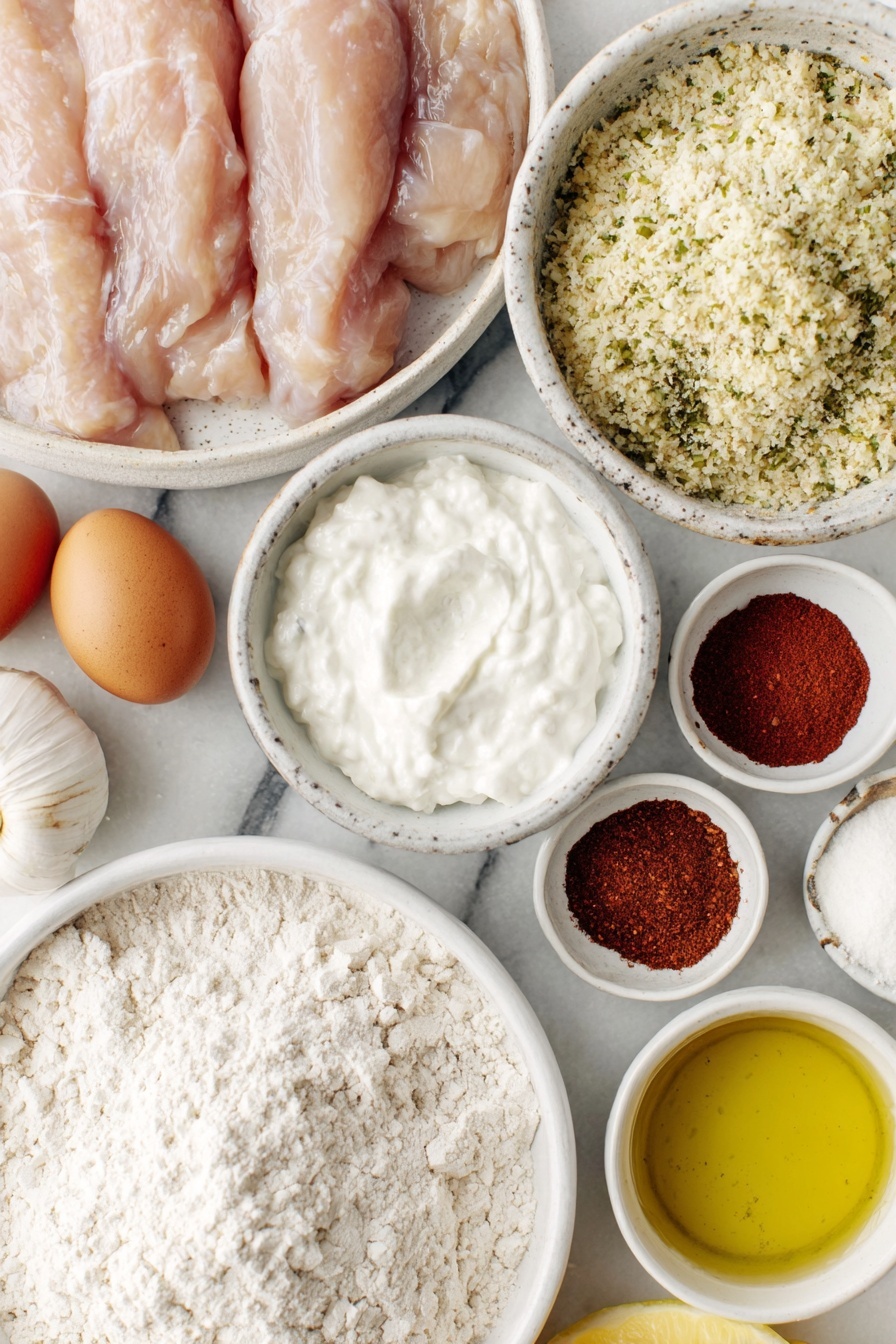 Flat lay of a plump cluster of raw chicken tenders, a small mound of fine all-purpose flour in a simple white ceramic bowl, two whole uncracked brown eggs resting side by side, a white bowl filled with coarse golden panko breadcrumbs mixed with a dusting of grated pale Parmesan cheese and specks of green Italian seasoning, a small white bowl containing bright white garlic powder, another with light tan onion powder, a third white bowl with a fine reddish chicken bouillon powder, a neat pinch of salt and ground black pepper showcased together in a tiny white bowl, a whole garlic head with smooth papery skin, a small white bowl of glossy olive oil, a white ceramic bowl holding thick creamy plain Greek yogurt, and a white bowl with fresh lemon juice—all arranged in perfect symmetry on a clean white marble surface, soft natural light, photo taken with an iPhone, professional food photography style, fresh ingredients, white ceramic bowls, no bottles, no duplicates, no utensils, no packaging --ar 2:3 --v 7 --p m7354615311229779997